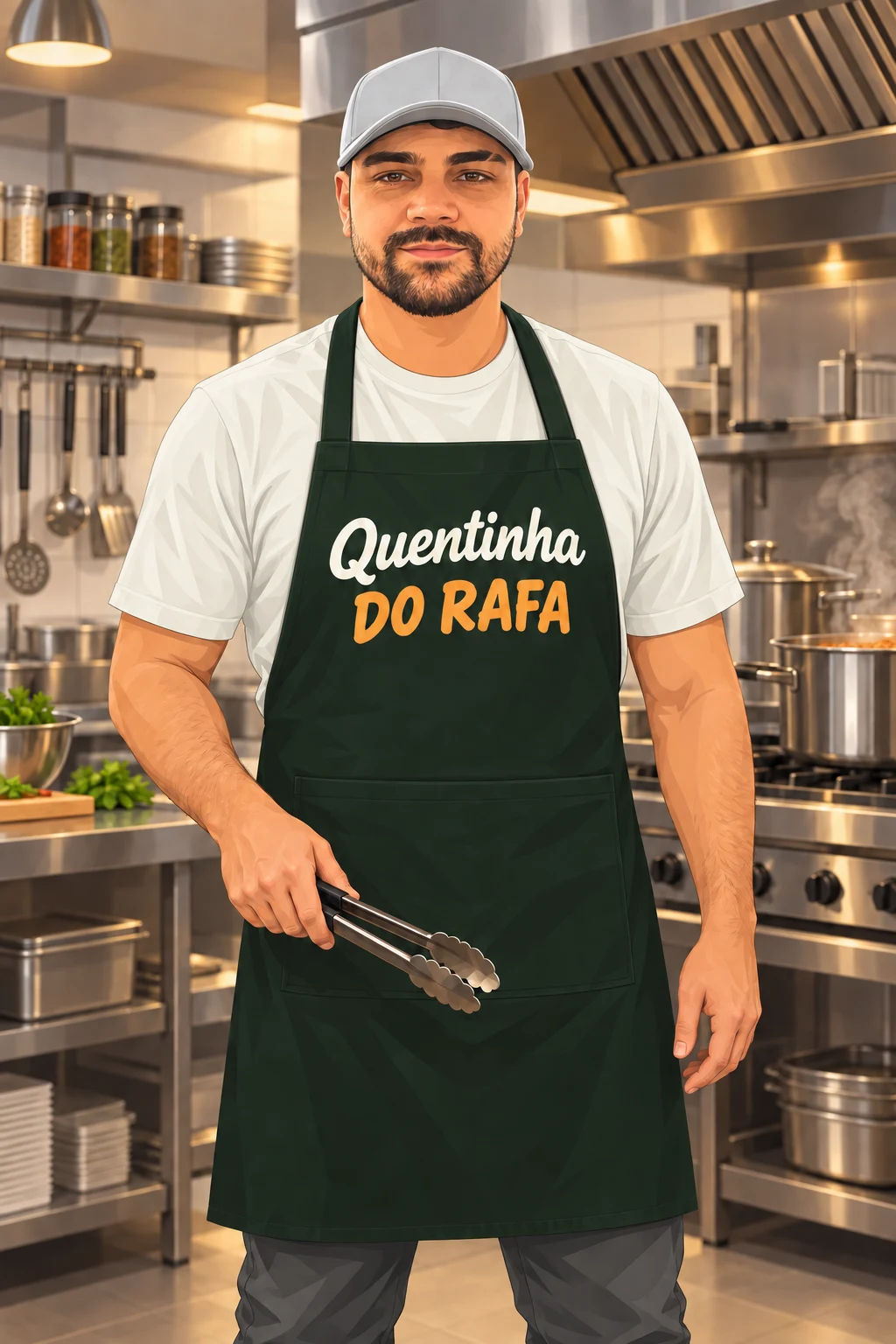 Ilustração do Rafa de camiseta branca e avental Quentinha do Rafa em uma cozinha industrial
